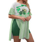 All-Over Print Women's Drop-Shoulder T-Shirt with Side Split and Shorts (Plus Size) Cute Teddy Bear, Tea Party, Ribbon, Bows, Cakes, Cute, Victorian, Doll, Cute Girl, Green Style 1, Stripes (Designed by Dunbi)