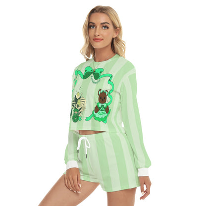 All-Over Print Women's Short Sweatshirt And Pants Suit Cute Teddy Bear, Tea Party, Ribbon, Bows, Cakes, Cute, Victorian, Doll, Cute Girl, Green Style 1, Stripes (Designed by Dunbi)