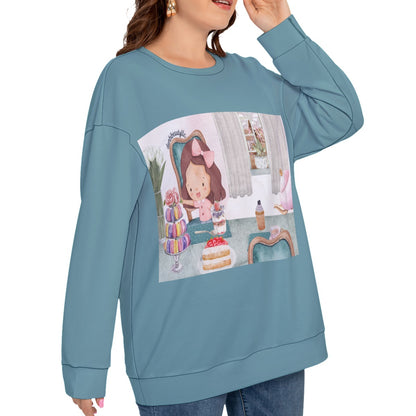 All-Over Print Women’s O-neck Drop-shoulder Sweatshirt With Long Sleeve(Plus Size) Girl, Tea Party, Happy, Cute, Cake, Macarons, Cupcake, Tea, Snacks, Party, Bow, Parfait, Dessert (Designed by Dunbi)