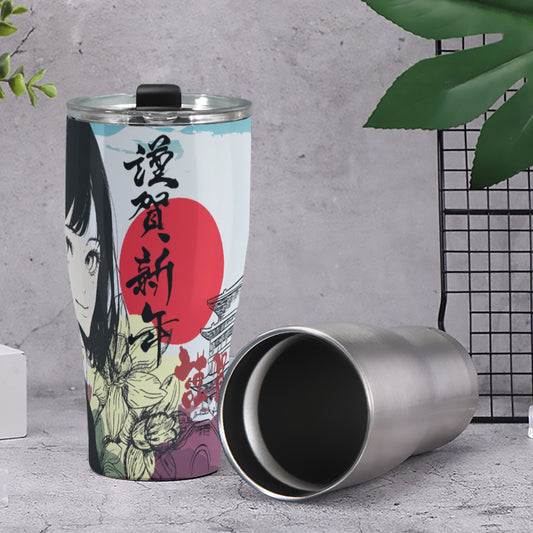 Cone Tumbler 30oz Japan, Japanese, Yellow, Blue, Purple, Orange, Day, Early Morning, Sunrise, Japan Flag, Sunrise Rainbow, Crane, Architecture, Pretty Girl, Tiger, Kanji (Designed by Dunbi)