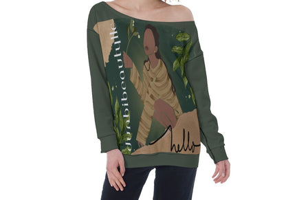 All-Over Print Oversized Women's Off-Shoulder Sweatshirt Black Woman with Flowers, Green, Grace, Beauty (Designed by Dunbi)