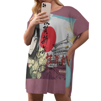 All-Over Print Women's Drop-Shoulder T-Shirt with Side Split and Shorts (Plus Size) Japan, Japanese, Yellow, Blue, Purple, Orange, Day, Early Morning, Sunrise, Japan Flag, Sunrise Rainbow, Crane, Architecture, Pretty Girl, Tiger, Kanji (Designed by Dunbi)