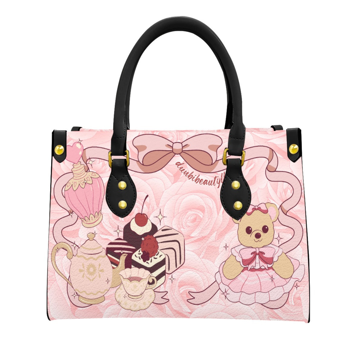 Women's Tote Bag With Black Handle Cute Teddy Bear, Tea Party, Ribbon, Bows, Cakes, Cute, Victorian, Doll, Cute Girl, Pink Style 2/1, Roses and Stripes (Designed by Dunbi)