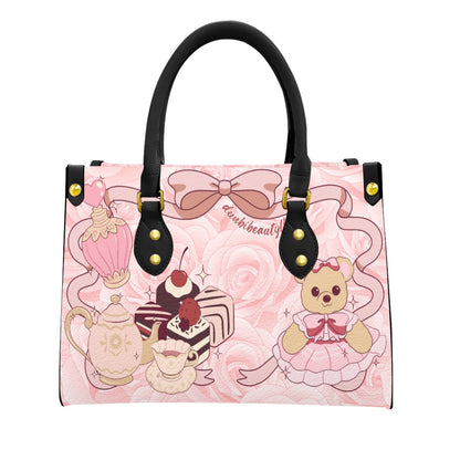 Women's Tote Bag With Black Handle Cute Teddy Bear, Tea Party, Ribbon, Bows, Cakes, Cute, Victorian, Doll, Cute Girl, Pink Style 2/1, Roses and Stripes (Designed by Dunbi)