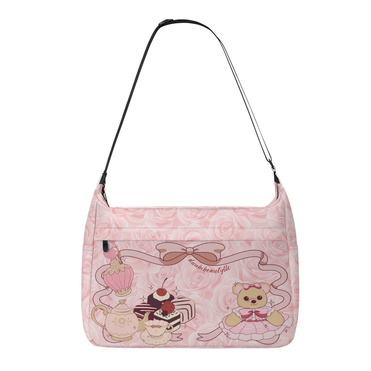 Messenger Bag Cute Teddy Bear, Tea Party, Ribbon, Bows, Cakes, Cute, Victorian, Doll, Cute Girl, Pink Style 2, Roses (Designed by Dunbi)