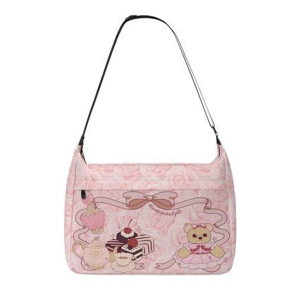 Messenger Bag Cute Teddy Bear, Tea Party, Ribbon, Bows, Cakes, Cute, Victorian, Doll, Cute Girl, Pink Style 2, Roses (Designed by Dunbi)