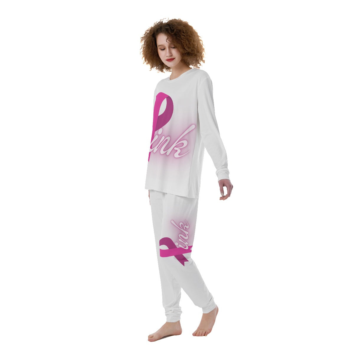 Women's Long Sleeve Pajamas Set White and Pink Breast Cancer Awareness (Designed by Dunbi) Yoycol