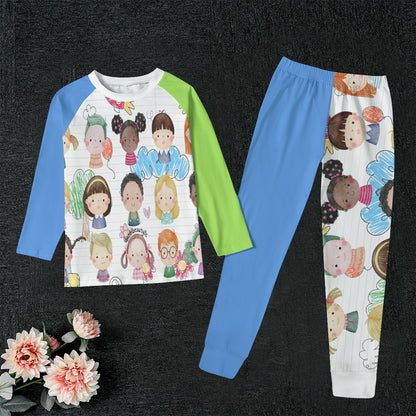 All-Over Print Kid's Sleep Pajamas Kids, Notebook, Rocket, Sun, Smiley, School Bus, Tree, Flowers, Hearts, Clouds, Nature, Children, Boys, Girls, Friendship (Designed by Dunbi)