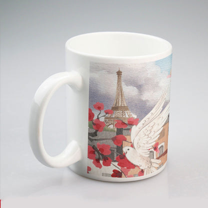 All-over print mug Love Up in a Hot Air Balloon, Paris, Eiffel Tower, Dove, Flowers, Girl, Sky, Hearts (Designed by Dunbi)