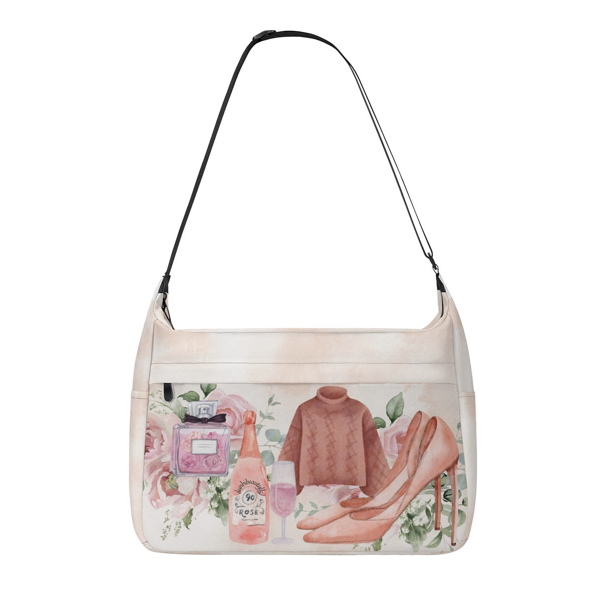 Messenger Bag  Dusty Rose, Pink, Perfume, High Heels Champagne & Roses, Aesthetic, Feminine, Fashion (Designed by Dunbi)