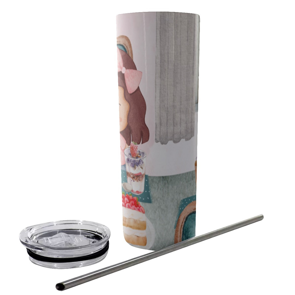 Glitter Tumbler With Stainless Steel Straw 20oz Girl, Tea Party, Happy, Cute, Cake, Macarons, Cupcake, Tea, Snacks, Party, Bow, Parfait, Dessert (Designed by Dunbi)