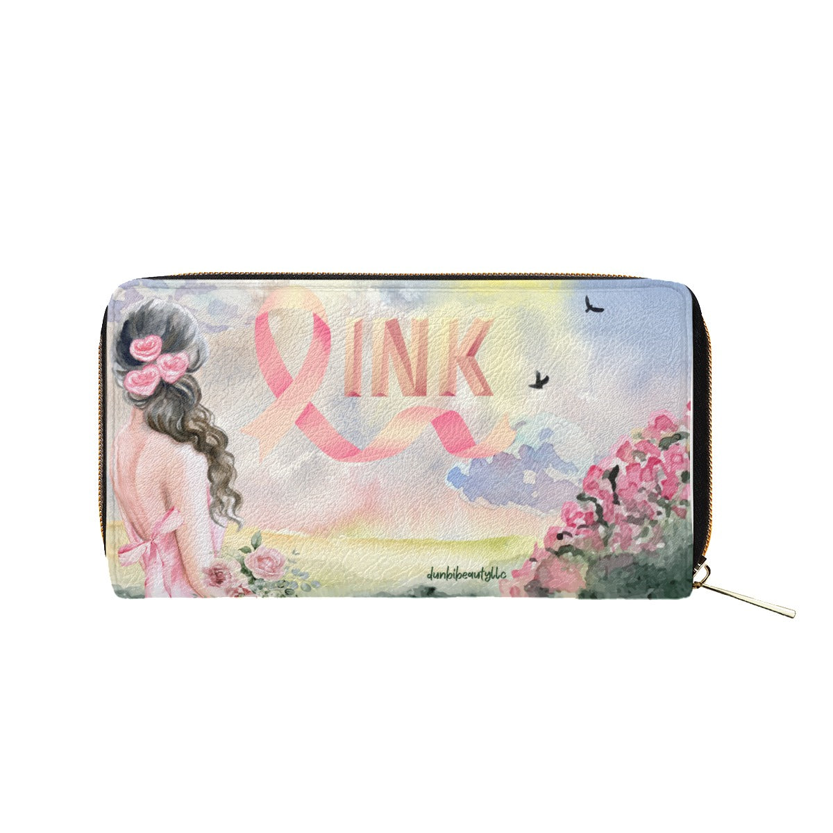 Mini Purse Pastel Pink, Breast Cancer Awareness, Open Field, Day, Birds, Flowers, Bows and Ribbons, Watercolor Sunlight (Designed by Dunbi)