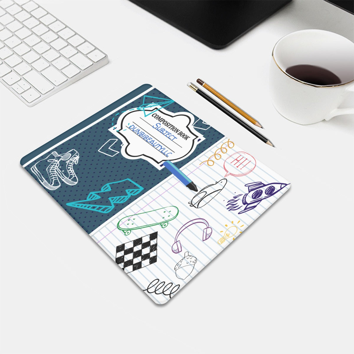 Mouse Pad Small Size Back to School, Composition Notebook Style, Doodles, Scribbles, Writing, Boy, Blue (Designed by Dunbi)