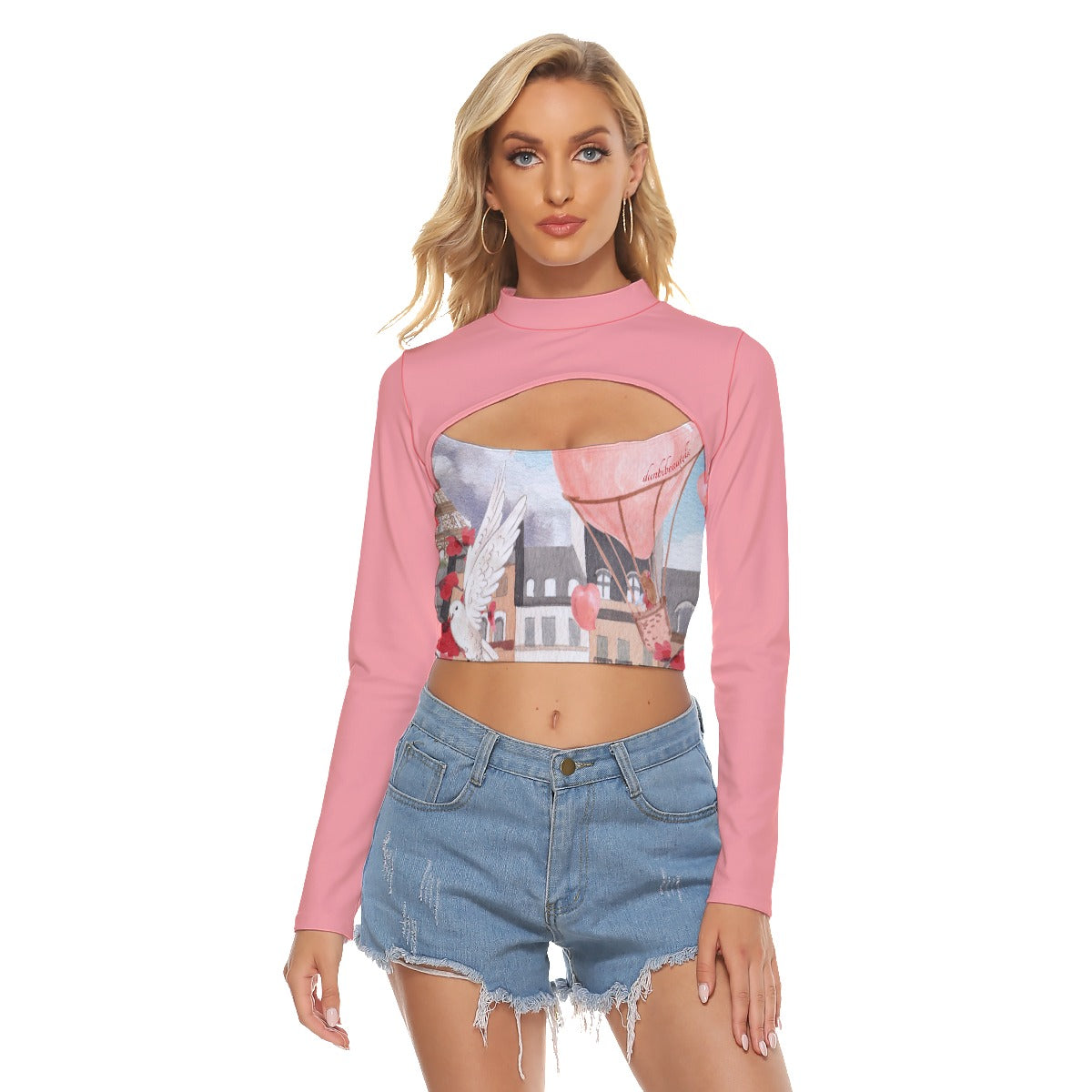 All-Over Print Women's Hollow Chest Keyhole Tight Crop Top Love Up in a Hot Air Balloon, Paris, Eiffel Tower, Dove, Flowers, Girl, Sky, Hearts (Designed by Dunbi)