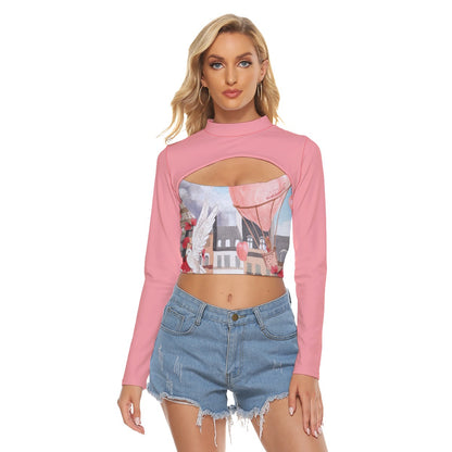 All-Over Print Women's Hollow Chest Keyhole Tight Crop Top Love Up in a Hot Air Balloon, Paris, Eiffel Tower, Dove, Flowers, Girl, Sky, Hearts (Designed by Dunbi)