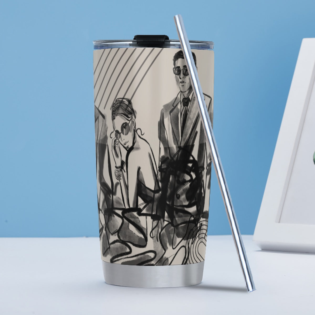 Tumbler 20oz (with Straw) Vintage-Modern, Fashion Forward Men & Women, Charcoal Art Style, Geometric, Chic, Stylish, Avant Garde, Runway (Designed by Dunbi)