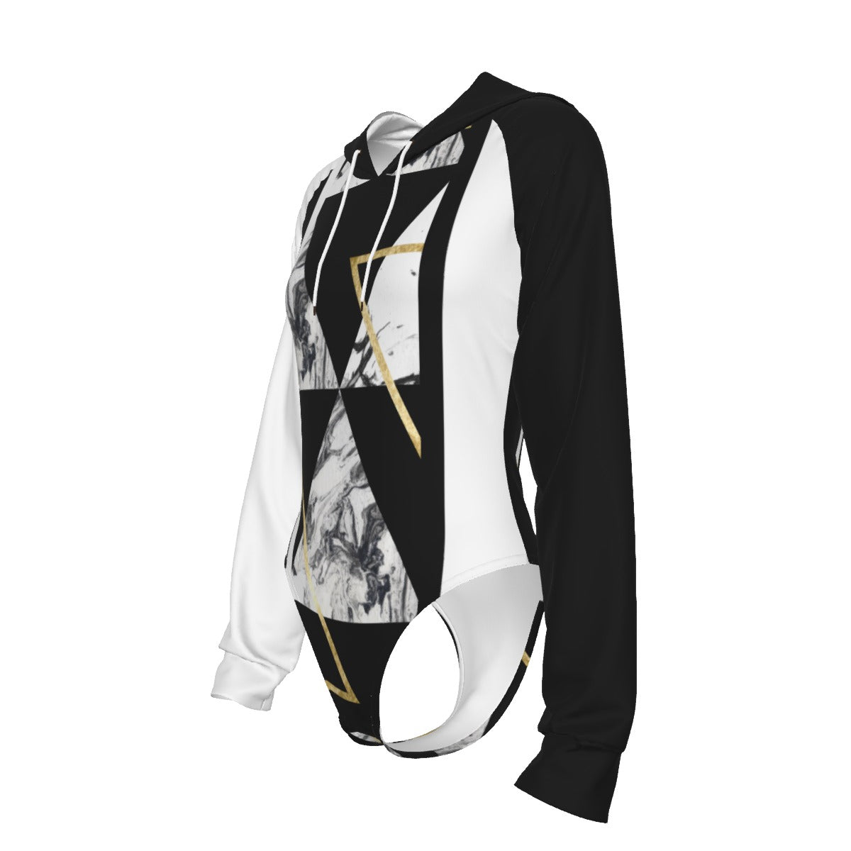 All-Over Print Women's Raglan Sleeve Hooded Bodysuit Black (Left Sleeve and Hood), Gold, White, Marble, Geometric, 90s Inspired, Retro (Designed by Dunbi)