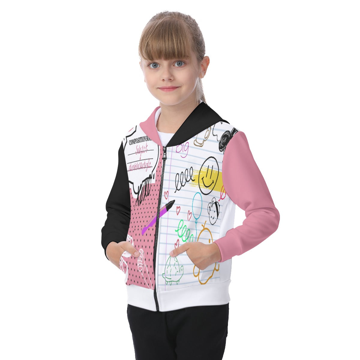 All-Over Print Kid's Zip-up Hoodie With Patch Pocket Back to School, Composition Notebook Style, Doodles, Scribbles, Writing, Girl, Pink (Designed by Dunbi)