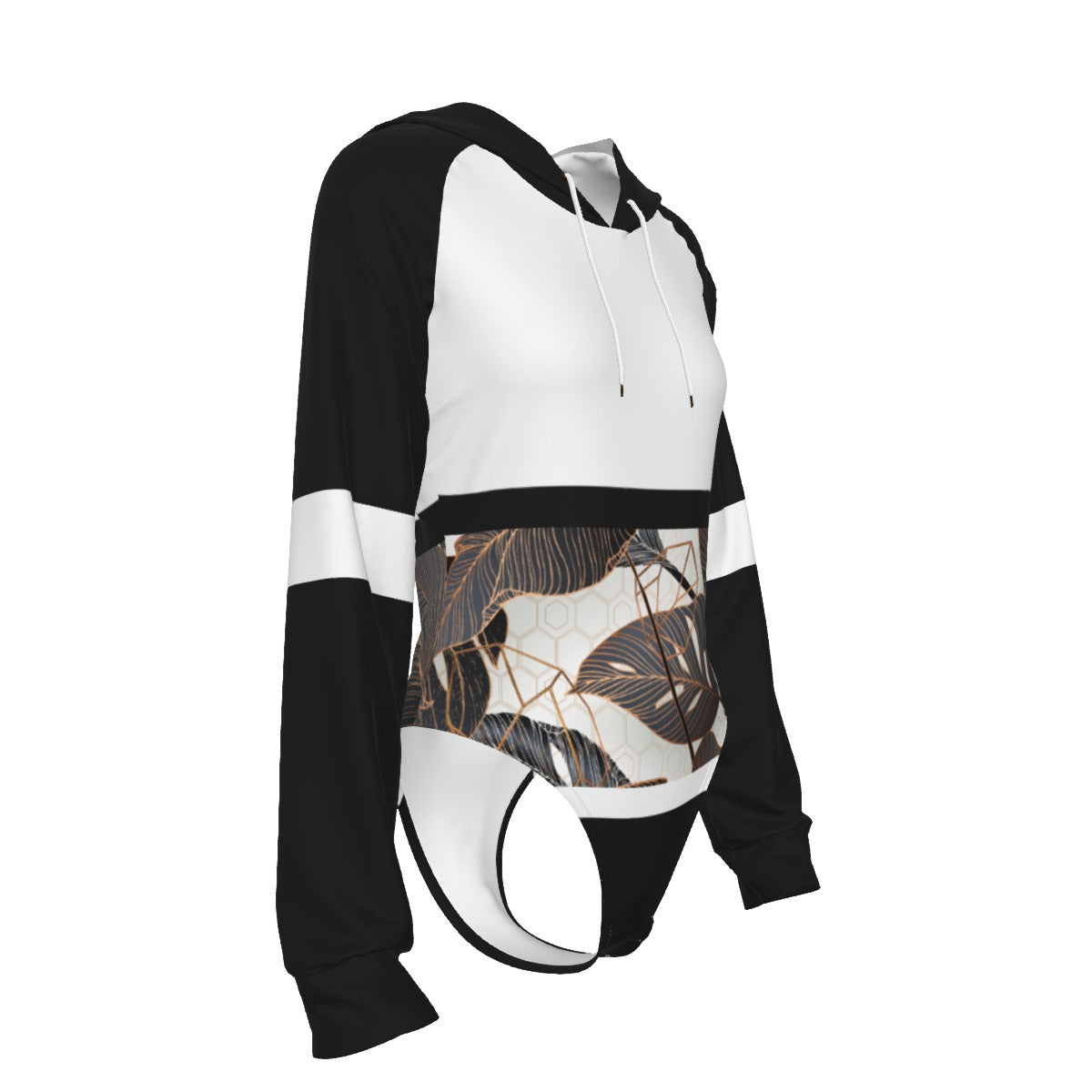 All-Over Print Women's Raglan Sleeve Hooded Bodysuit  Black, White, Gold, Black Gradient Leaves, Stripes, 90s Inspired (Designed by Dunbi)