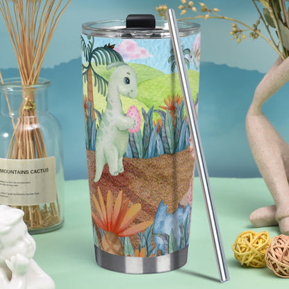 Tumbler 20oz (with Straw) Watercolor Dinosaurs, Volcano, Grass, Dino Eggs, Cute, Triceratops. Parasaurolophus, Pterodactyl, Diplodocus, Prehistoric (Designed by Dunbi)