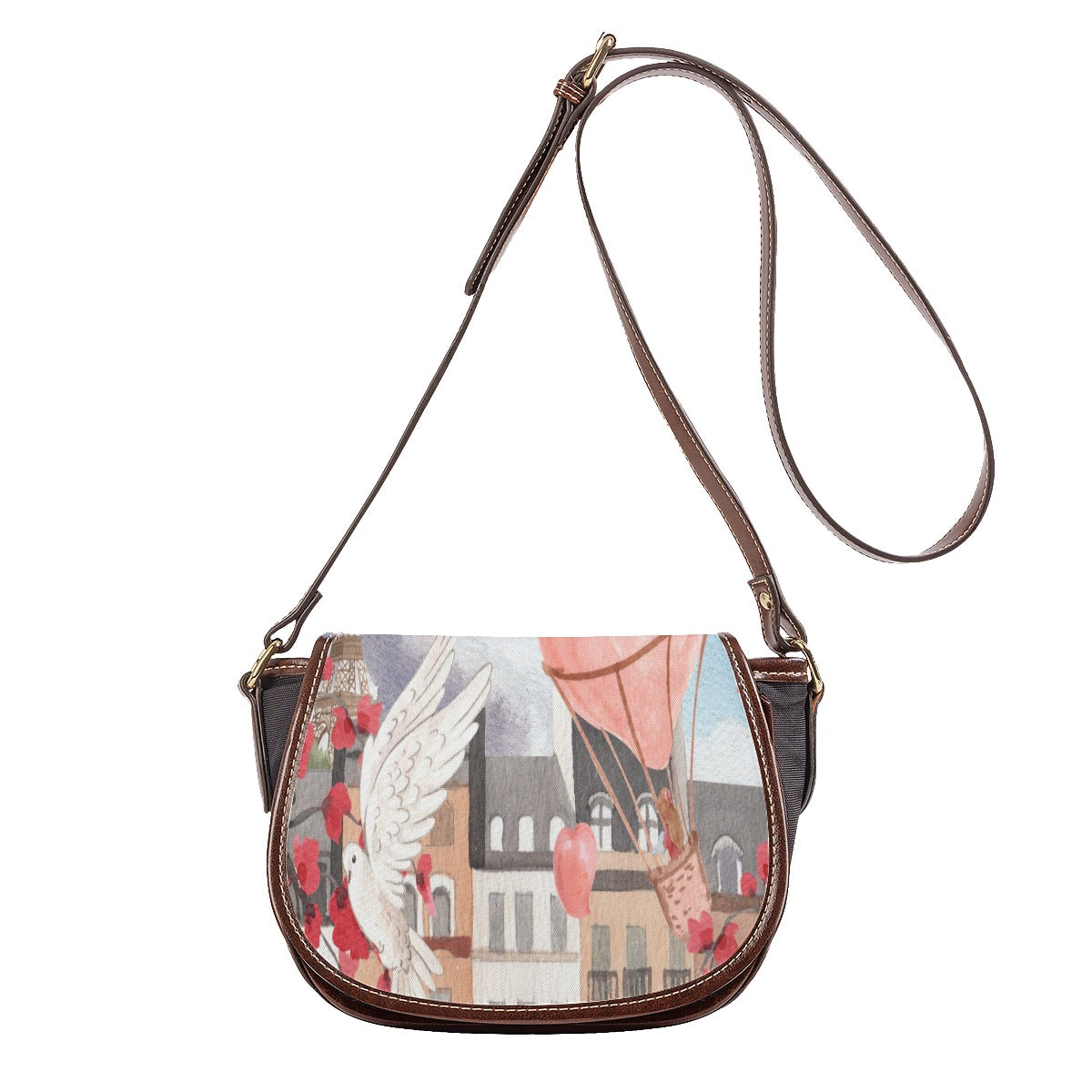 Tambourin Bag With Single Strap Love Up in a Hot Air Balloon, Paris, Eiffel Tower, Dove, Flowers, Girl, Sky, Hearts (Designed by Dunbi)