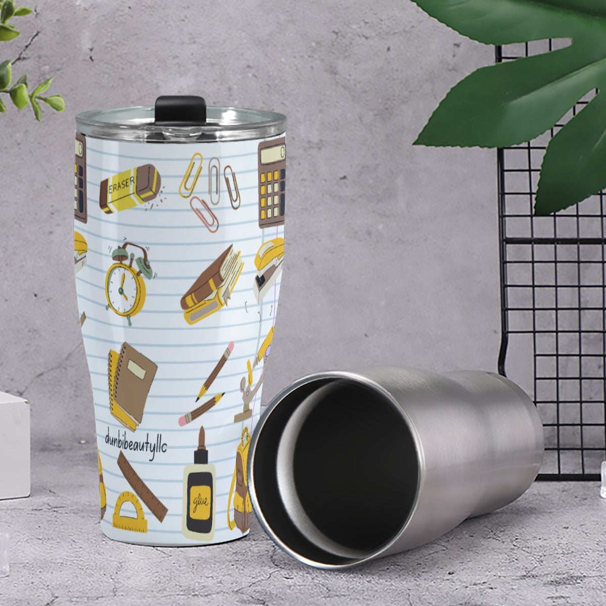 Cone Tumbler 30oz Back to School, Teacher, Student, Notebooks, School Supplies, Backpack, Brown, Gold, Gray, Notebook Paper (Designed by Dunbi)