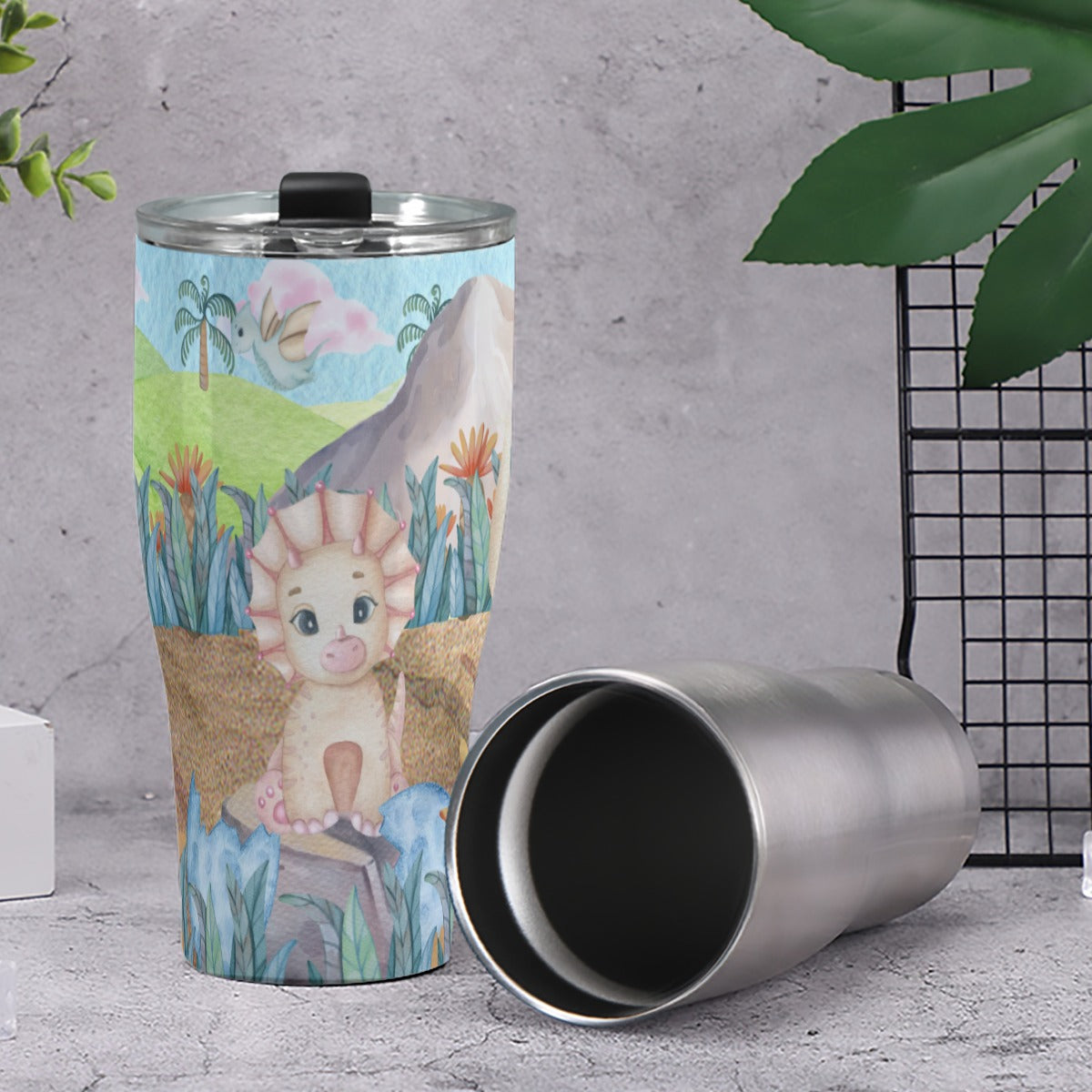 Cone Tumbler 30oz Watercolor Dinosaurs, Volcano, Grass, Dino Eggs, Cute, Triceratops. Parasaurolophus, Pterodactyl, Diplodocus, Prehistoric (Designed by Dunbi)