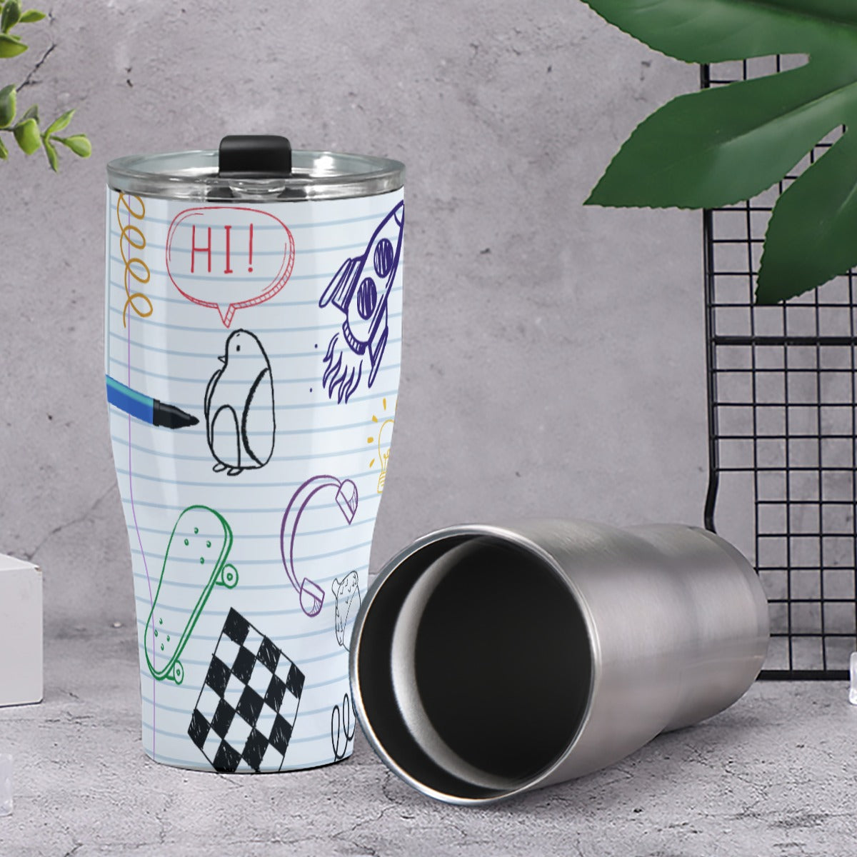 Cone Tumbler 30oz Back to School, Composition Notebook Style, Doodles, Scribbles, Writing, Boy, Blue (Designed by Dunbi)