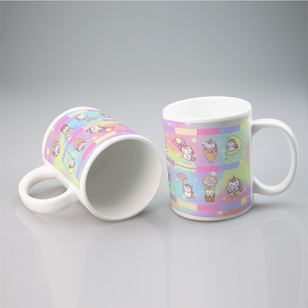 All-over print mug Kawaii Unicorn, Pastel Rainbow, Clouds, Pink, Purple, Blue, Yellow, Sleepy Unicorn, Hungry Unicorn, Moon, Candy, Donuts, Ice Cream (Designed by Dunbi)