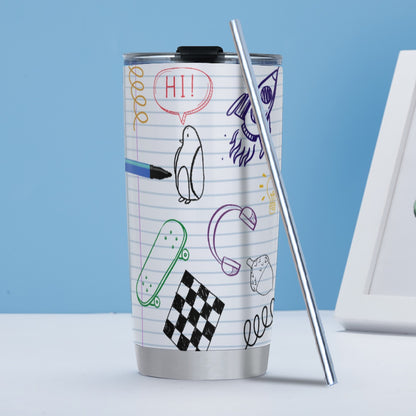 Tumbler 20oz (with Straw) Back to School, Composition Notebook Style, Doodles, Scribbles, Writing, Boy, Blue (Designed by Dunbi)