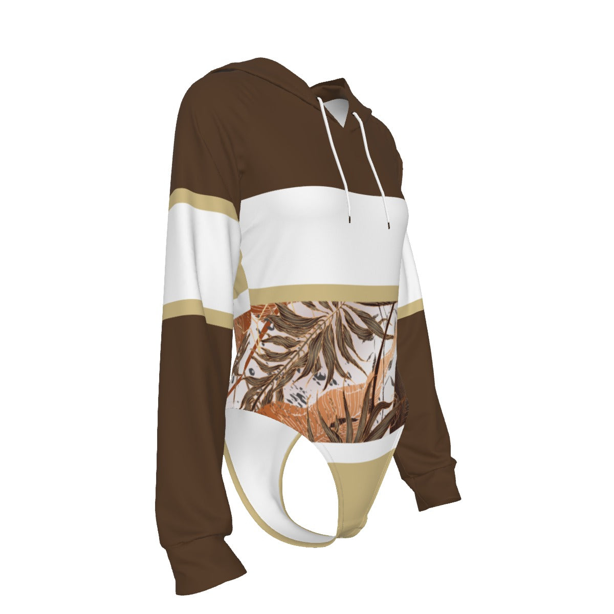 All-Over Print Women's Raglan Sleeve Hooded Bodysuit Dark Brown (Chest, Upper Back, Sleeves and Hood), Beige, White, Copper Gradient Leaves, Tropical, Rustic (Designed by Dunbi)