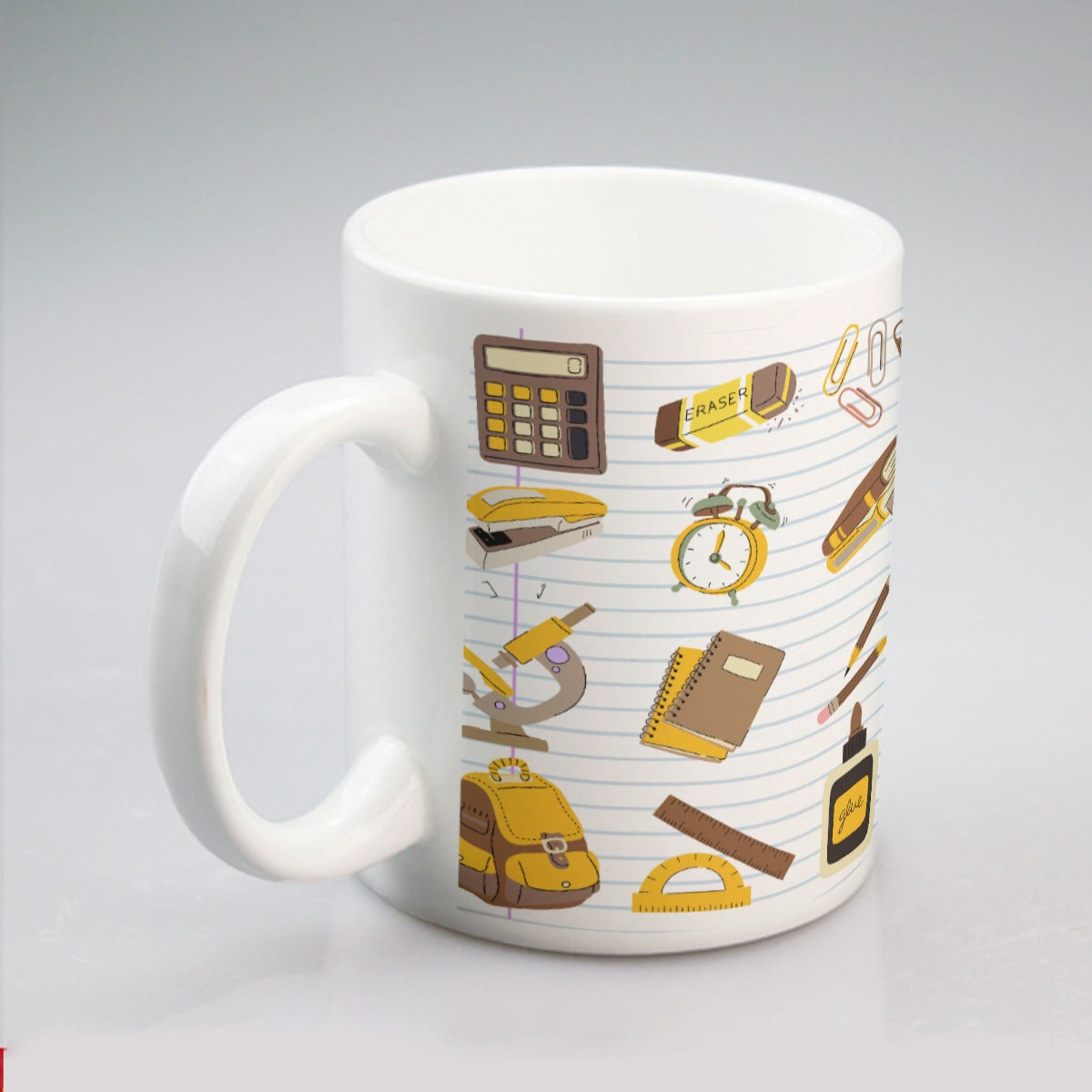 All-over print mug Back to School, Teacher, Student, Notebooks, School Supplies, Backpack, Brown, Gold, Gray, Notebook Paper (Designed by Dunbi)