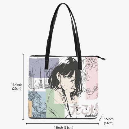 Double-Side Printing PU Tote Bag Japanese, Japan, Girl, Kawaii, Cute, Anime, Manga Style, Peace, Sushi, Tokyo, Cherry Blossoms (Designed by Dunbi)