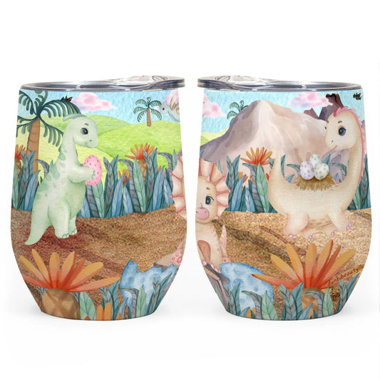 All-Over Print Egg Cup Wine Tumbler|12OZ Watercolor Dinosaurs, Volcano, Grass, Dino Eggs, Cute, Triceratops. Parasaurolophus, Pterodactyl, Diplodocus, Prehistoric (Designed by Dunbi)