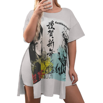 All-Over Print Women's Drop-Shoulder T-Shirt with Side Split and Shorts (Plus Size) Japan, Japanese, Red, Blue, Green, Yellow, Architecture, Pretty Girl, Tiger, Kanji, Nature, Mountain, Watercolor (Designed by Dunbi)