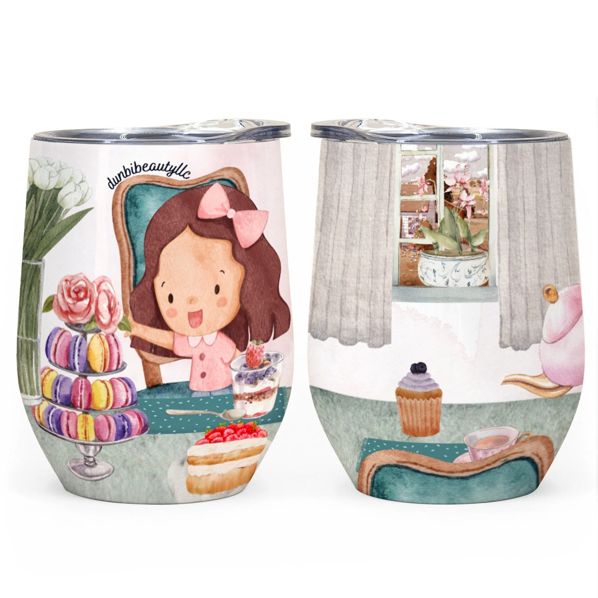 All-Over Print Egg Cup Wine Tumbler|12OZ Girl, Tea Party, Happy, Cute, Cake, Macarons, Cupcake, Tea, Snacks, Party, Bow, Parfait, Dessert (Designed by Dunbi)