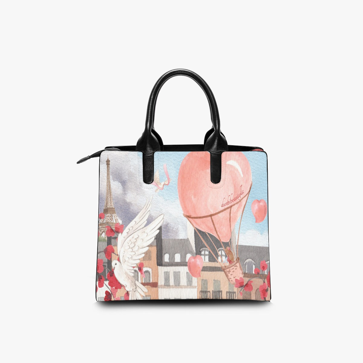 Fashion Square Tote Bag Love Up in a Hot Air Balloon, Paris, Eiffel Tower, Dove, Flowers, Girl, Sky, Hearts (Designed by Dunbi)