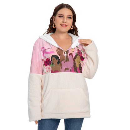 All-Over Print Women's Borg Fleece Hoodie With Half Zip (Plus Size) Unity, Hope, Pink, Hot Pink, Burgundy, Roses, Breast Cancer Awareness, Women, Black, Hispanic, White, Hair, Smooth (Designed by Dunbi)