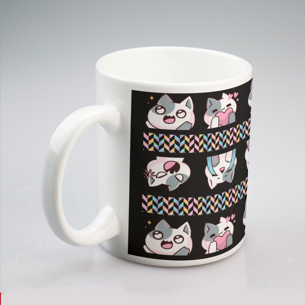 All-over print mug Kawaii Cat, Anime Style, Cartoon, Emotions, Happy, Sad, Angry, Laughing, Black Background (Designed by Dunbi)