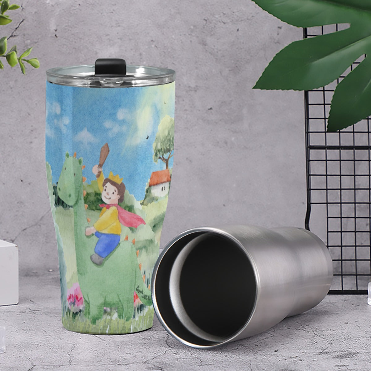 Cone Tumbler 30oz Boy, Watercolor, Castle, Dragon, Garden, Prince, Crown, Cape, Wooden Sword, Clouds (Designed by Dunbi)