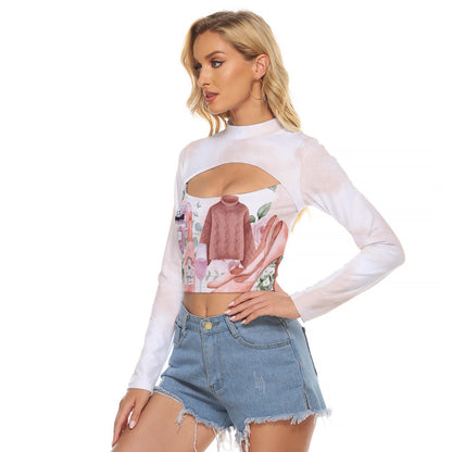 All-Over Print Women's Hollow Chest Keyhole Tight Crop Top  Dusty Rose, Pink, Perfume, High Heels Champagne & Roses, Aesthetic, Feminine, Fashion (Designed by Dunbi)