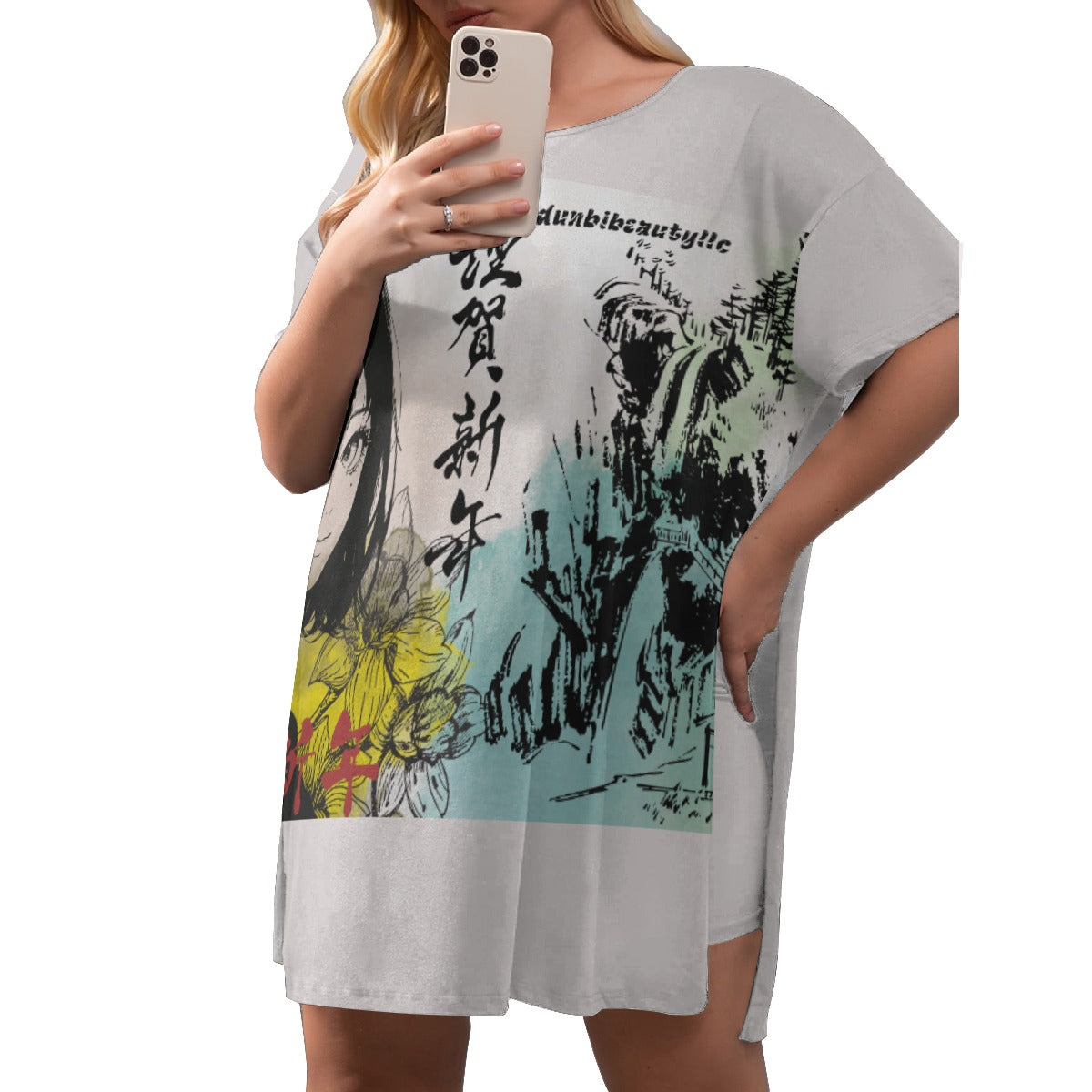 All-Over Print Women's Drop-Shoulder T-Shirt with Side Split and Shorts (Plus Size) Japan, Japanese, Red, Blue, Green, Yellow, Architecture, Pretty Girl, Tiger, Kanji, Nature, Mountain, Watercolor (Designed by Dunbi)