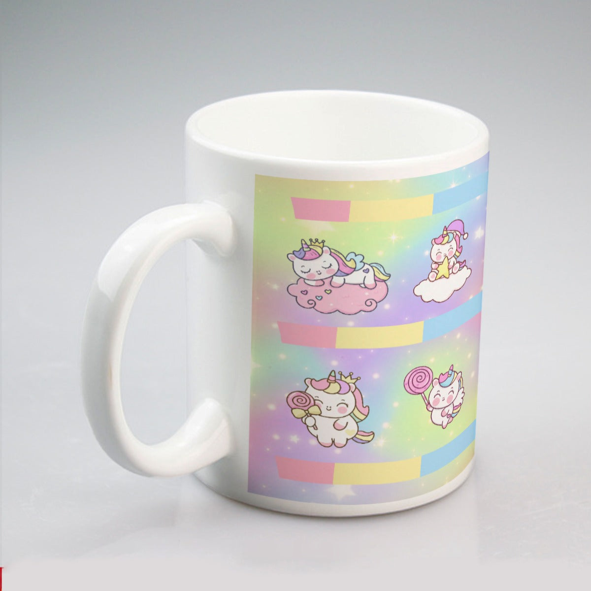 All-over print mug Kawaii Unicorn, Pastel Rainbow, Clouds, Pink, Purple, Blue, Yellow, Sleepy Unicorn, Hungry Unicorn, Moon, Candy, Donuts, Ice Cream (Designed by Dunbi)