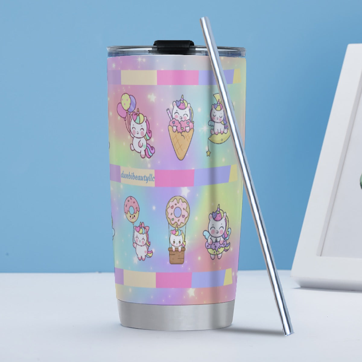 Tumbler 20oz (with Straw) Kawaii Unicorn, Pastel Rainbow, Clouds, Pink, Purple, Blue, Yellow, Sleepy Unicorn, Hungry Unicorn, Moon, Candy, Donuts, Ice Cream (Designed by Dunbi)