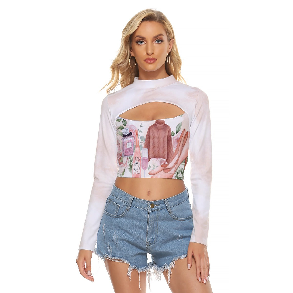 All-Over Print Women's Hollow Chest Keyhole Tight Crop Top  Dusty Rose, Pink, Perfume, High Heels Champagne & Roses, Aesthetic, Feminine, Fashion (Designed by Dunbi)