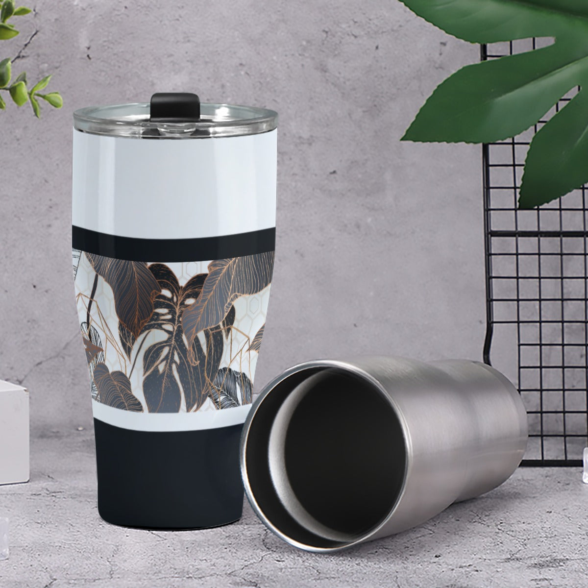 Cone Tumbler 30oz  Black, White, Gold, Black Gradient Leaves, Stripes, 90s Inspired (Designed by Dunbi)