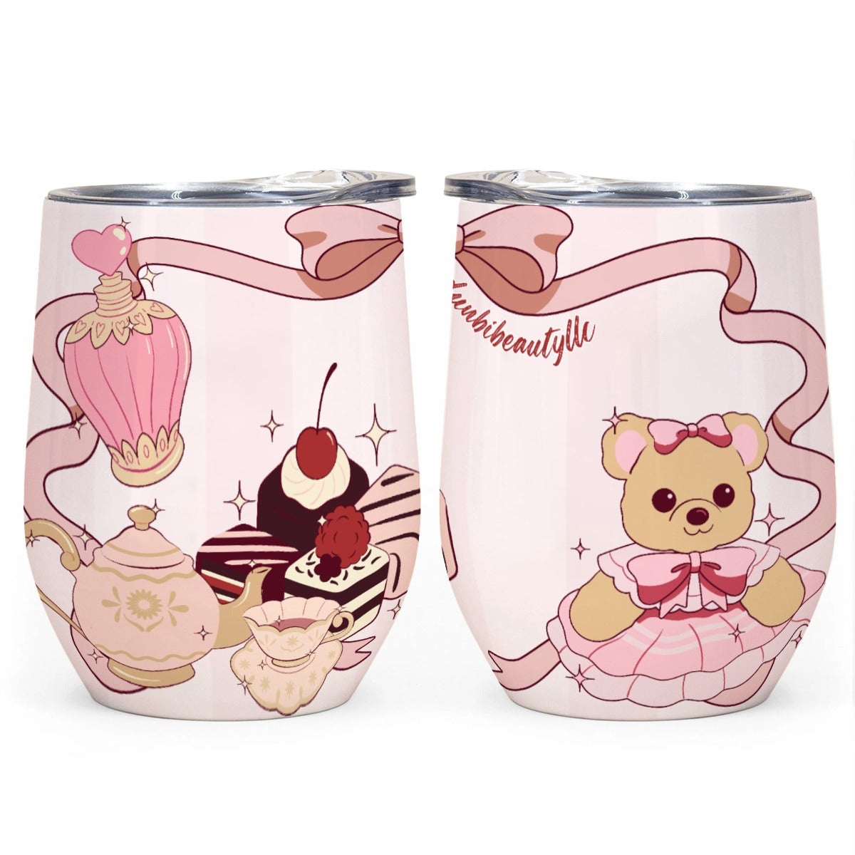 All-Over Print Egg Cup Wine Tumbler|12OZ Cute Teddy Bear, Tea Party, Ribbon, Bows, Cakes, Cute, Victorian, Doll, Cute Girl, Pink Style 1, Stripes (Designed by Dunbi)