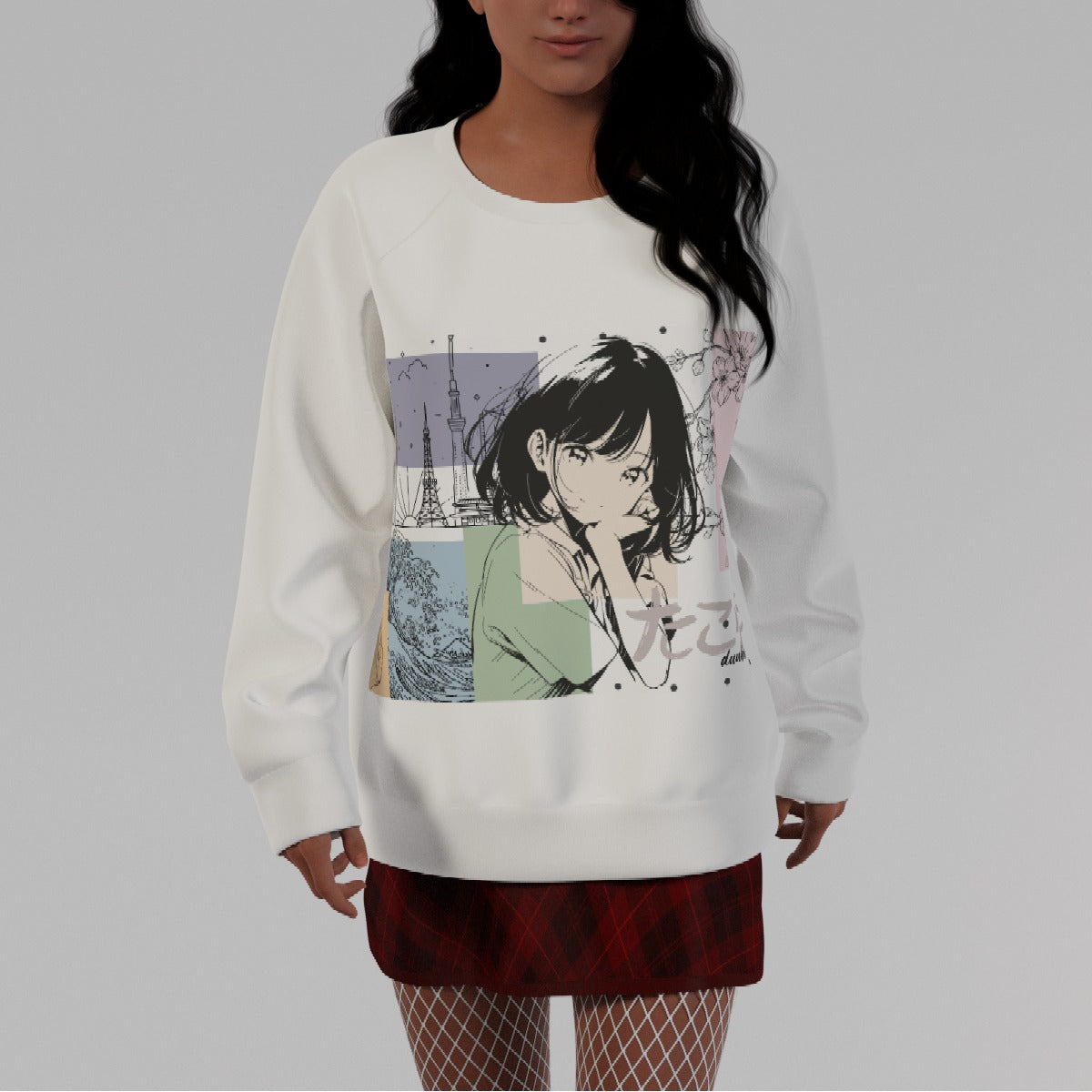 All-Over Print Women's Round Neck Raglan Sleeve Sweatshirt Japanese, Japan, Girl, Kawaii, Cute, Anime, Manga Style, Peace, Sushi, Tokyo, Cherry Blossoms (Designed by Dunbi)