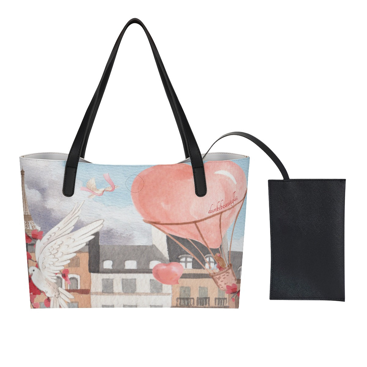 Shopping Tote Bag With Black Mini Purse Love Up in a Hot Air Balloon, Paris, Eiffel Tower, Dove, Flowers, Girl, Sky, Hearts (Designed by Dunbi)