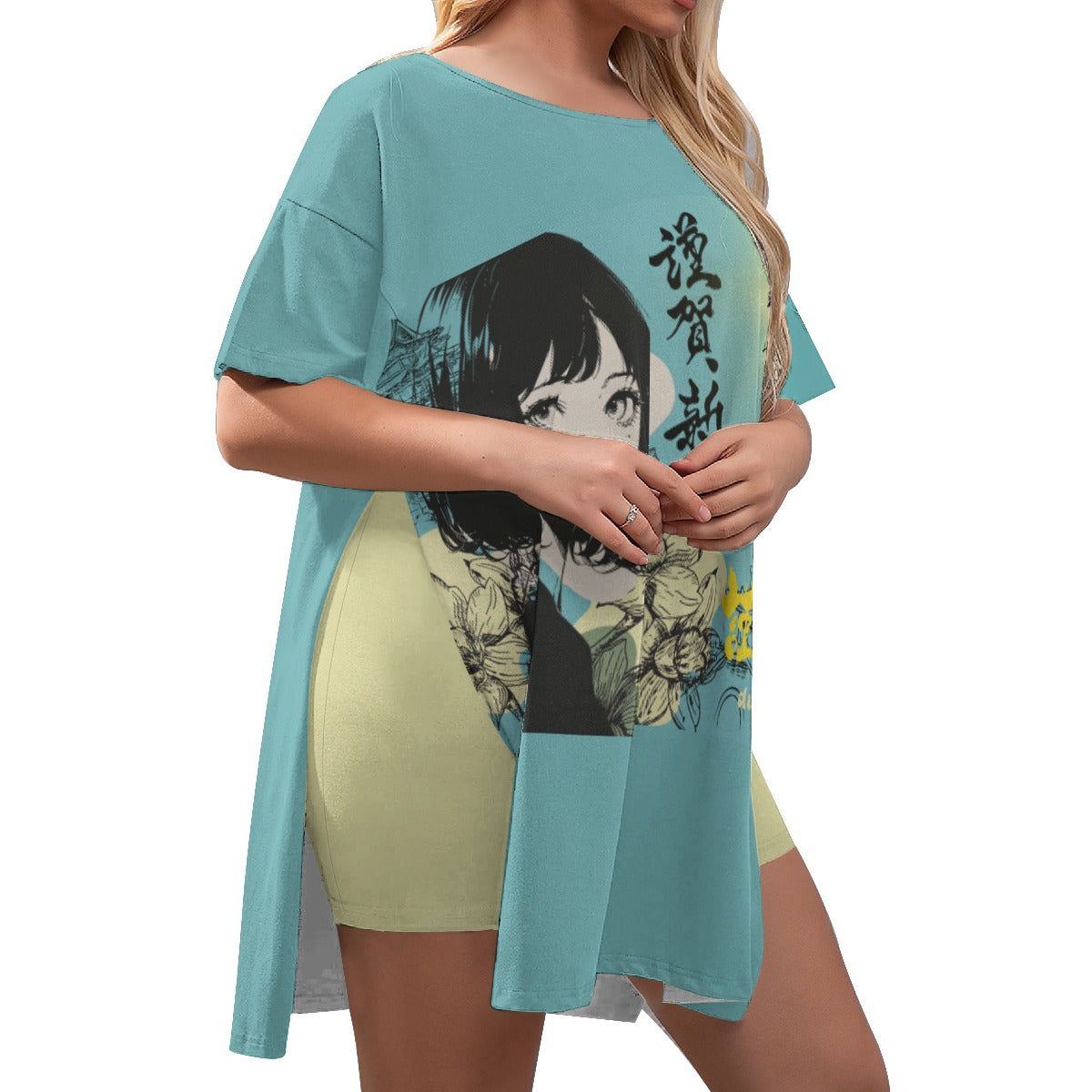 All-Over Print Women's Drop-Shoulder T-Shirt with Side Split and Shorts (Plus Size) Japan, Japanese, Yellow, Blue, Day, Early Morning, Sunny Day, Crane, Architecture, Pretty Girl, Tiger, Kanji (Designed by Dunbi)